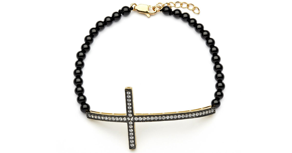 Sterling Silver Black & Gold Sideways Cross CZ Black Amethyst Beads  Bracelet SBGB00103