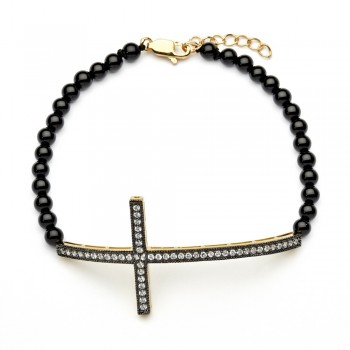 Sterling Silver Black & Gold Sideways Cross CZ Black Amethyst Beads Bracelet SBGB00103