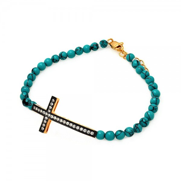 Sterling Silver Black & Rose Gold Sideways Cross CZ Turquoise Beads Bracelet SBGB00120