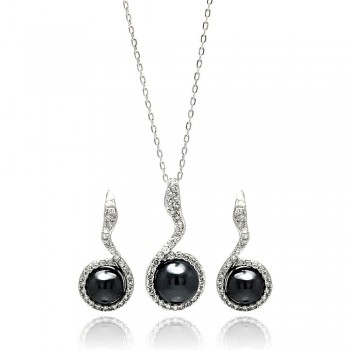 Sterling Silver Black Pearl CZ Earring and Necklace Set SBGS00272