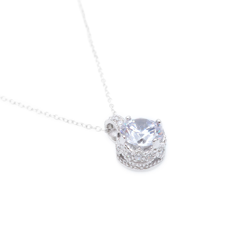 Sterling Silver Rhodium Plated Simple Round CZ Pendant Necklace SSTP00853