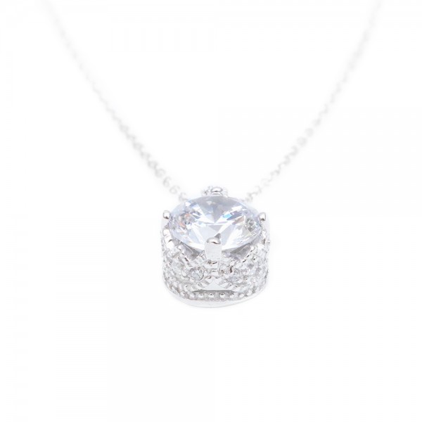 Sterling Silver Rhodium Plated Simple Round CZ Pendant Necklace SSTP00853