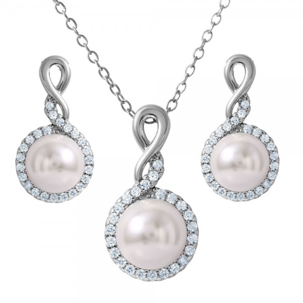 Sterling Silver White Pearl CZ Earring and Necklace Set SBGS00459