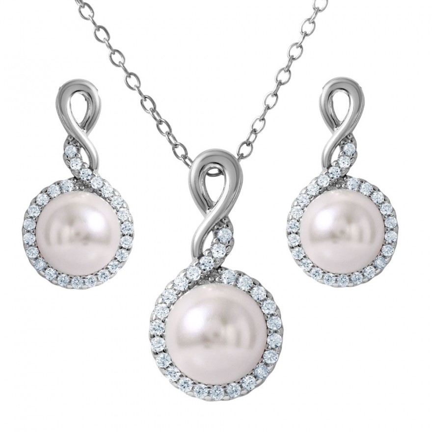 Sterling Silver White Pearl CZ Earring and Necklace Set SBGS00459