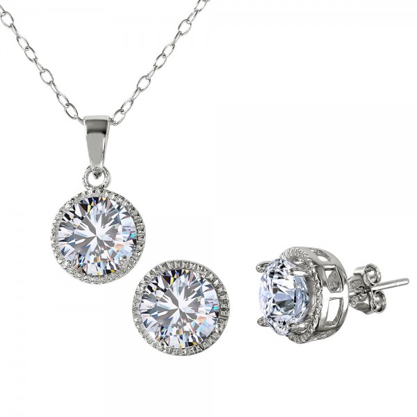 Sterling Silver Round Halo CZ Earring and Necklace Set SBGS00461