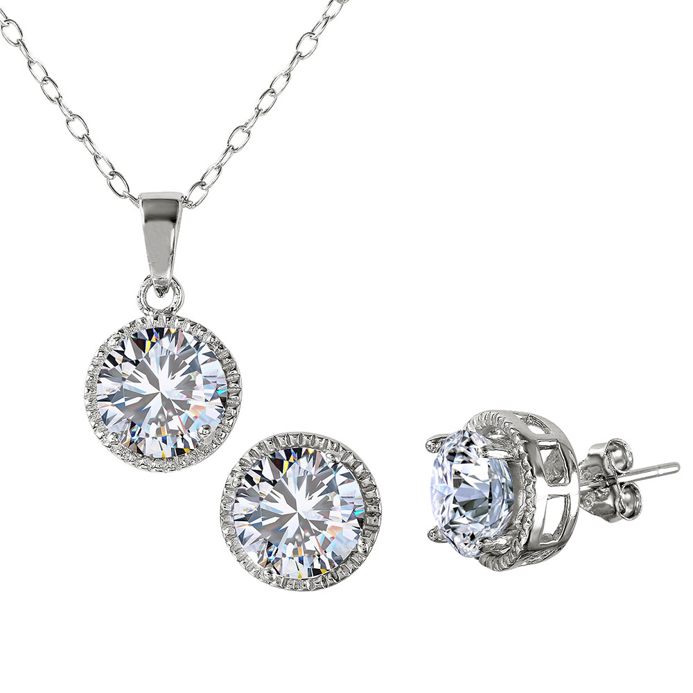 Sterling Silver Round Halo CZ Earring and Necklace Set SBGS00461