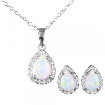 Sterling Silver Pear Opal Earring Necklace Set SBGS00471