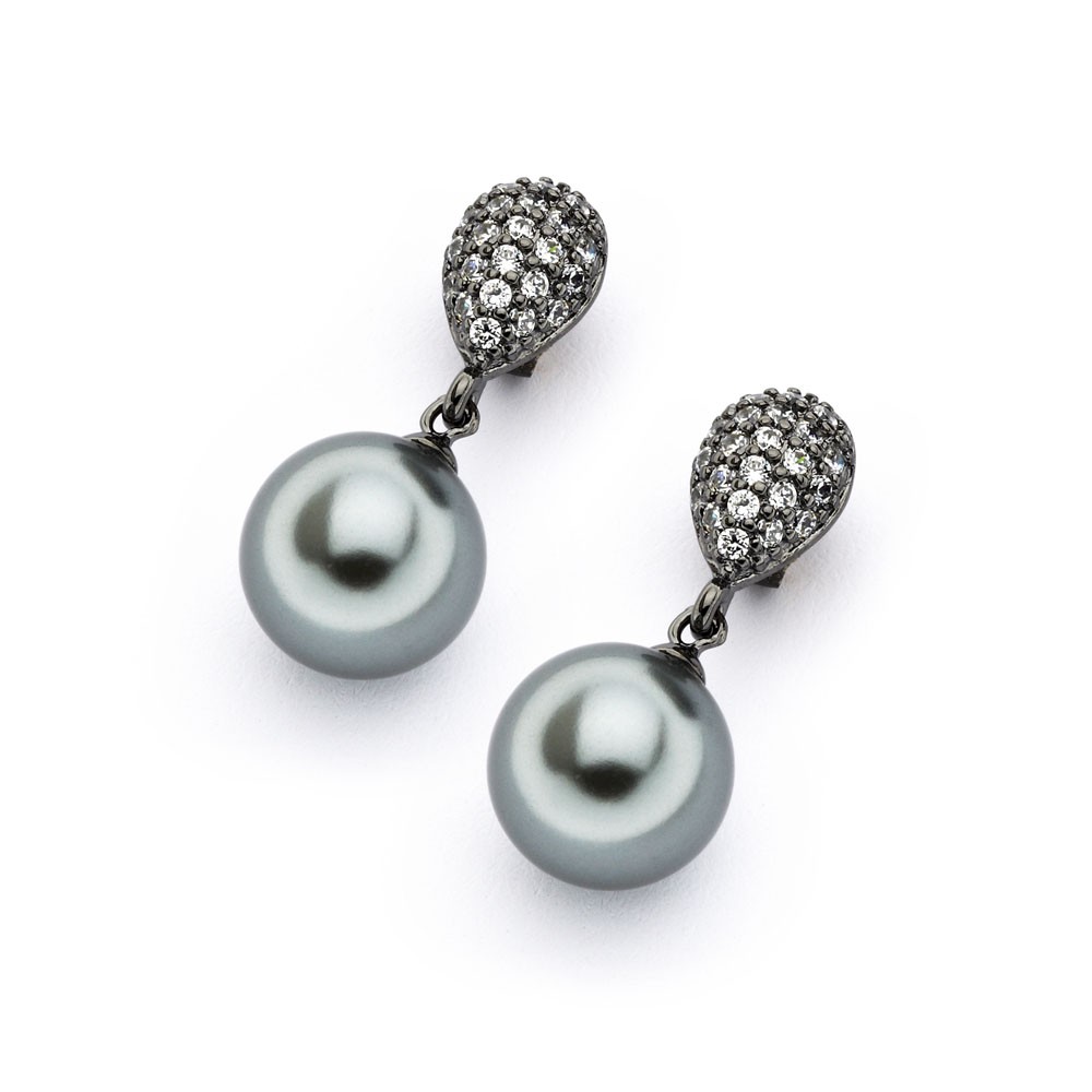 Silver Black Pearl Dangle Leverback Earrings 