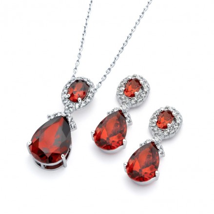 Sterling Silver Red Teardrop Earring and Necklace Set SBGS00299