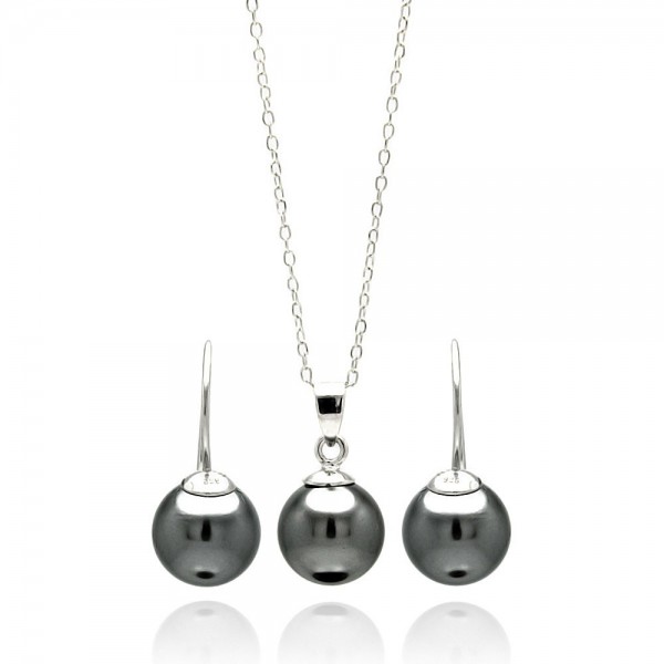 Sterling Silver Rhodium Plated Black Pearl Earring and Necklace Set SSTS00460