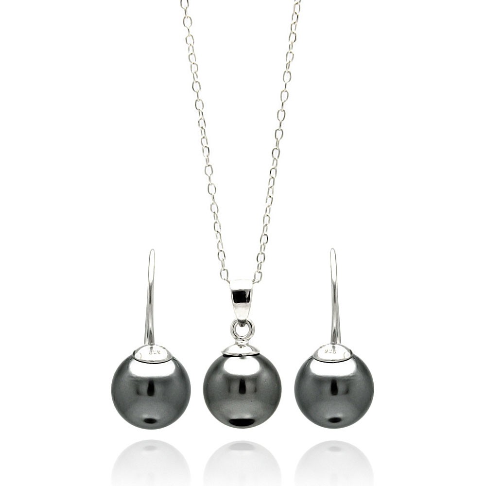 Sterling Silver Rhodium Plated Black Pearl Earring and Necklace Set SSTS00460