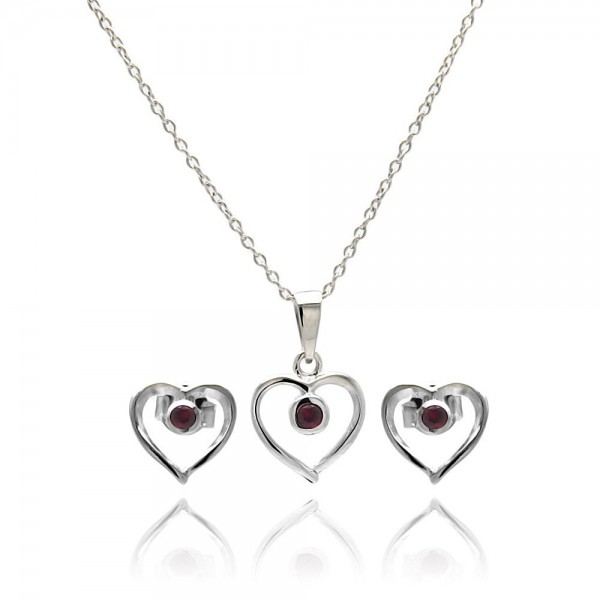 Sterling Silver Rhodium Plated Open Red Heart Stud Earring and Necklace Set SSTS00416