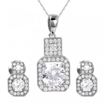 Sterling Silver Rhodium Plated Square CZ Earring and Necklace Set SGMS00019RH