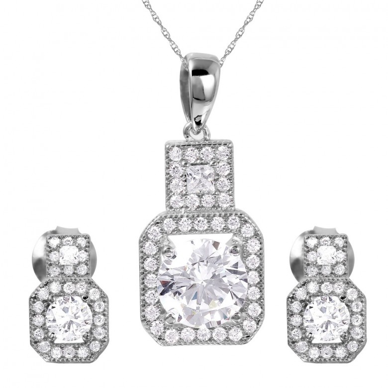 Sterling Silver Square CZ Earring and Necklace Set SGMS00019RH