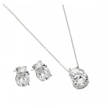 Sterling Silver Round CZ Stud Earring and Necklace Set SSTS00256