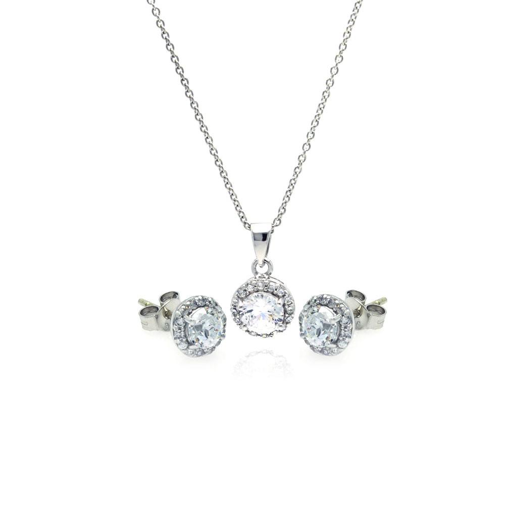 Sterling Silver Round Stud Earring and Necklace Set SSTS00359