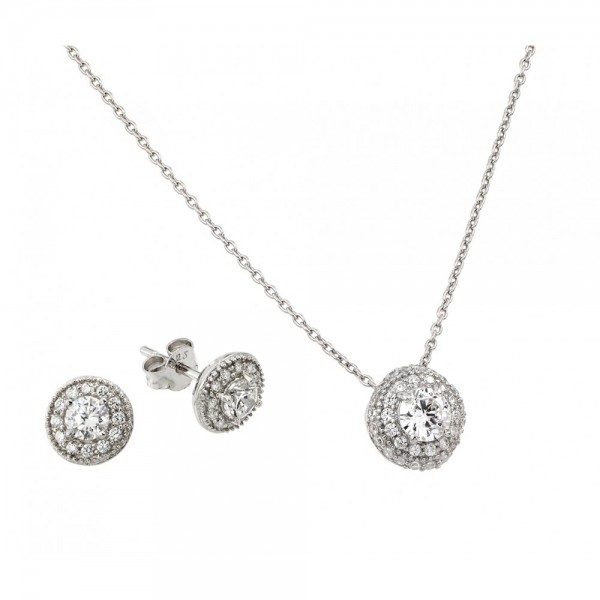 Sterling Silver Round Micro Pave CZ Stud Earring and Necklace Set SSTS00484