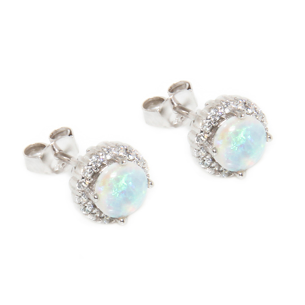 Sterling Silver Round CZ Opal Stud Earrings SSTE00963