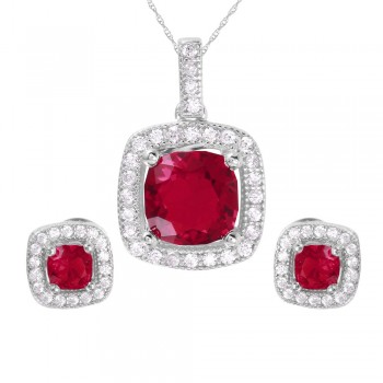 Sterling Silver Red Square CZ Earring and Necklace Set SGMS00020RH-RUBY