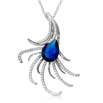 Sterling Silver Swirl CZ Necklace With Large Blue CZ SBGP01173