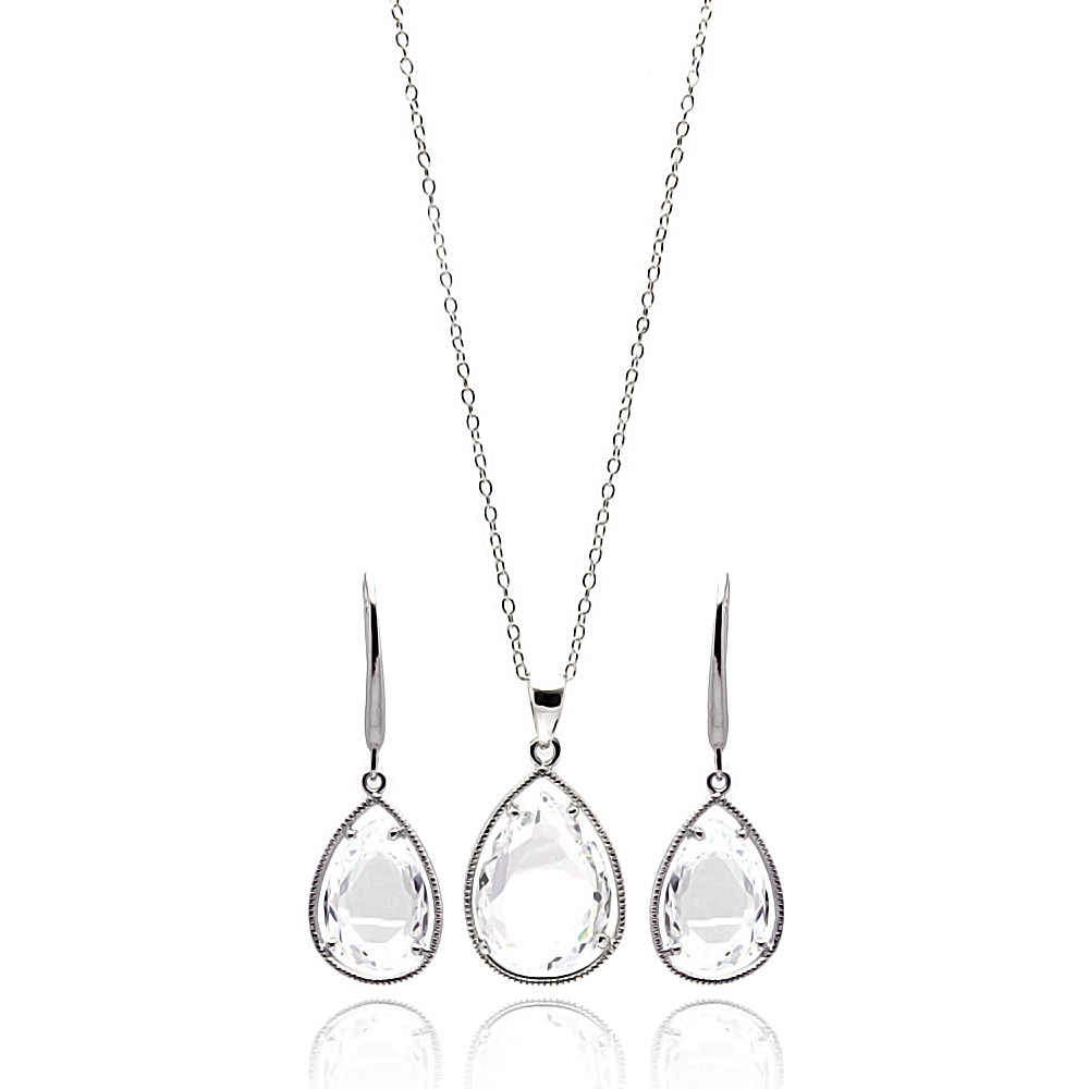 Sterling Silver Clear CZ Teardrop Earring and Necklace Set SSTS00252
