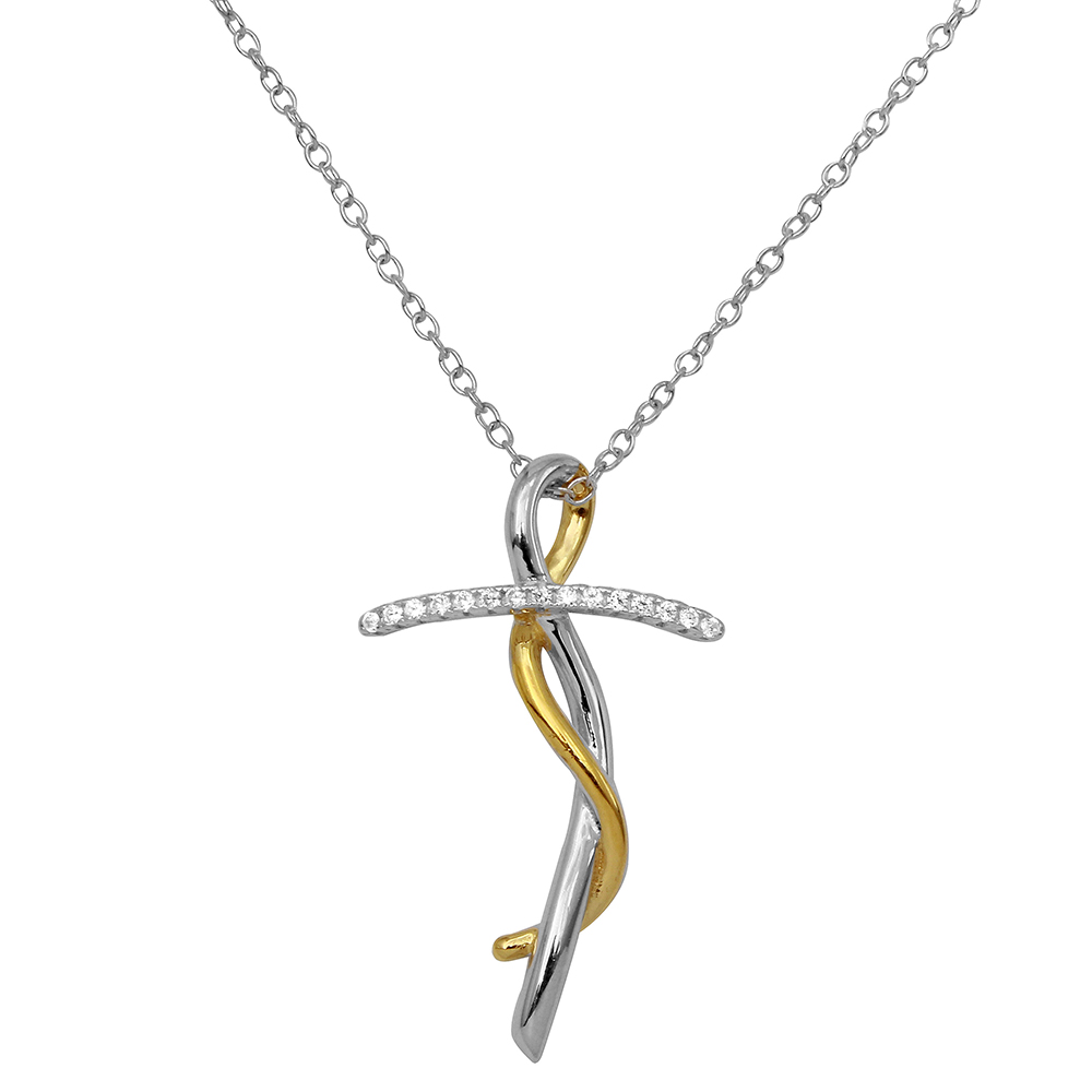 Sterling Silver Two Tone Twisted Cross CZ Necklace SBGP01154